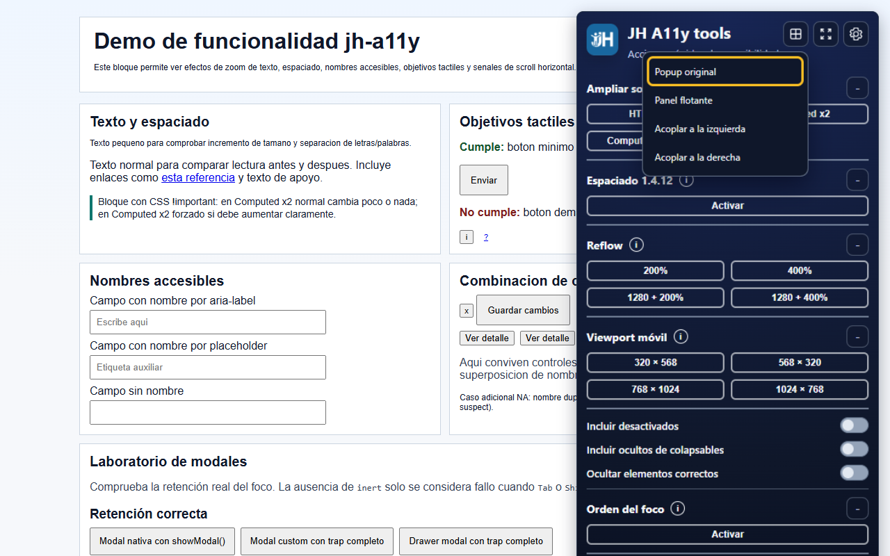 Panel de JH A11y tools con herramientas de revisión