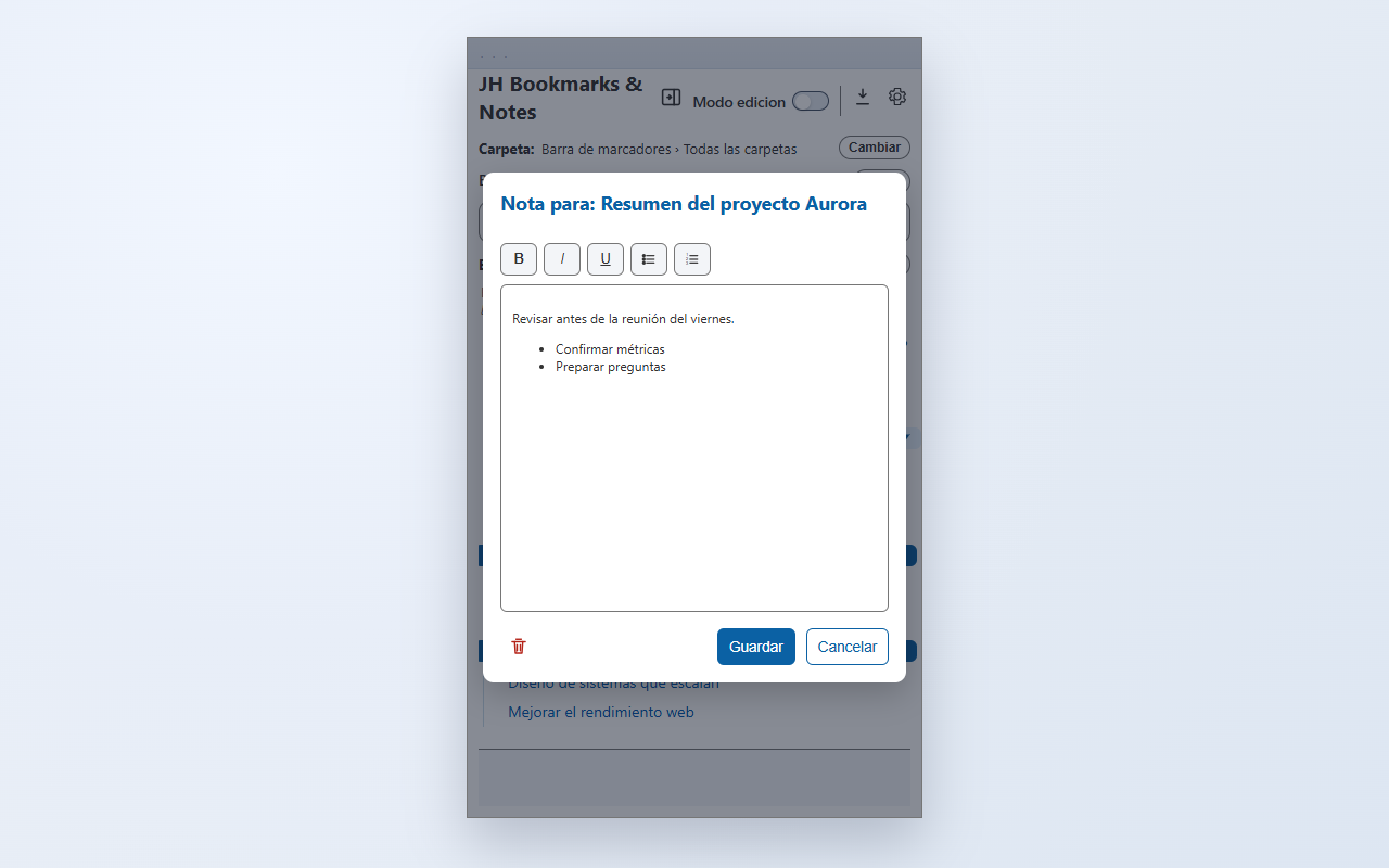Editor de notas de JH Bookmarks