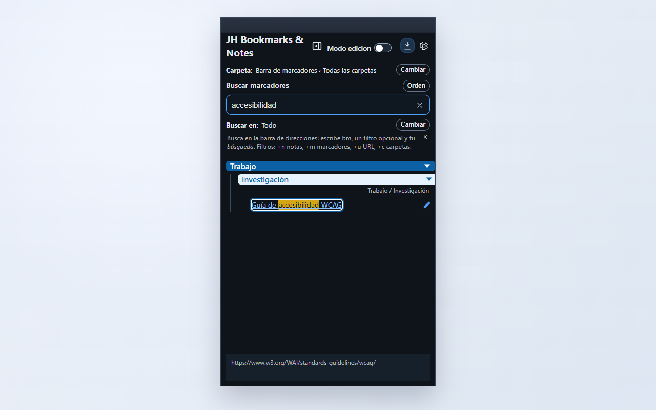Búsqueda de marcadores en JH Bookmarks